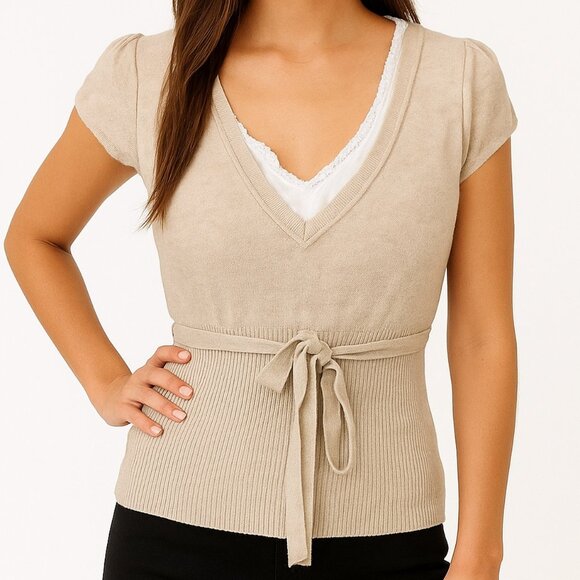 Vintage Y2K Ribbed Knit Ruffle Lace V-Neck Top Beige Tie Academia Office School - Picture 1 of 10